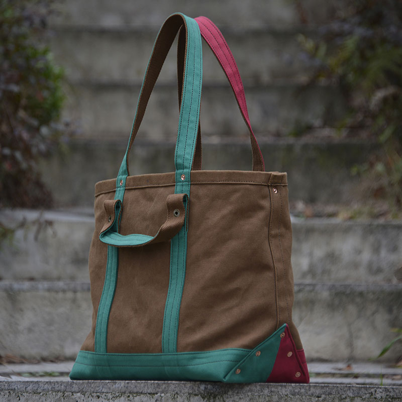 重磅厚硬帆布托特tote包 棕绿红拼色单肩手提斜挎 uivy原创设计