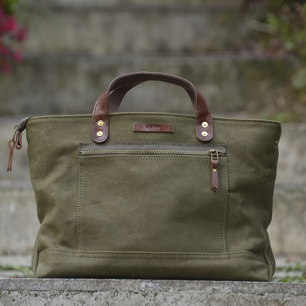 重磅厚帆布托特包军绿配植鞣树膏咖牛皮手柄斜挎手提uivy原创设计