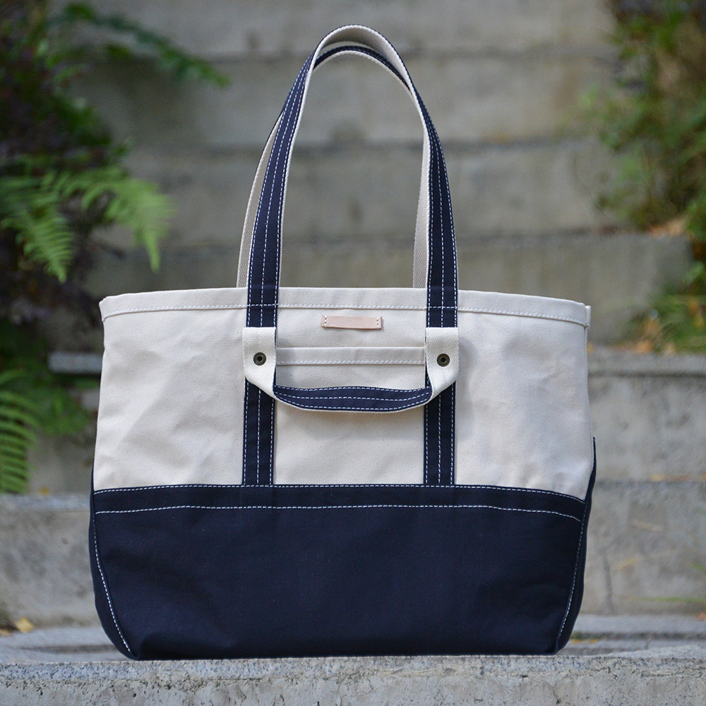 重磅厚硬帆布 蓝白 高底托特tote包双手提大容量单肩手提uivy设计