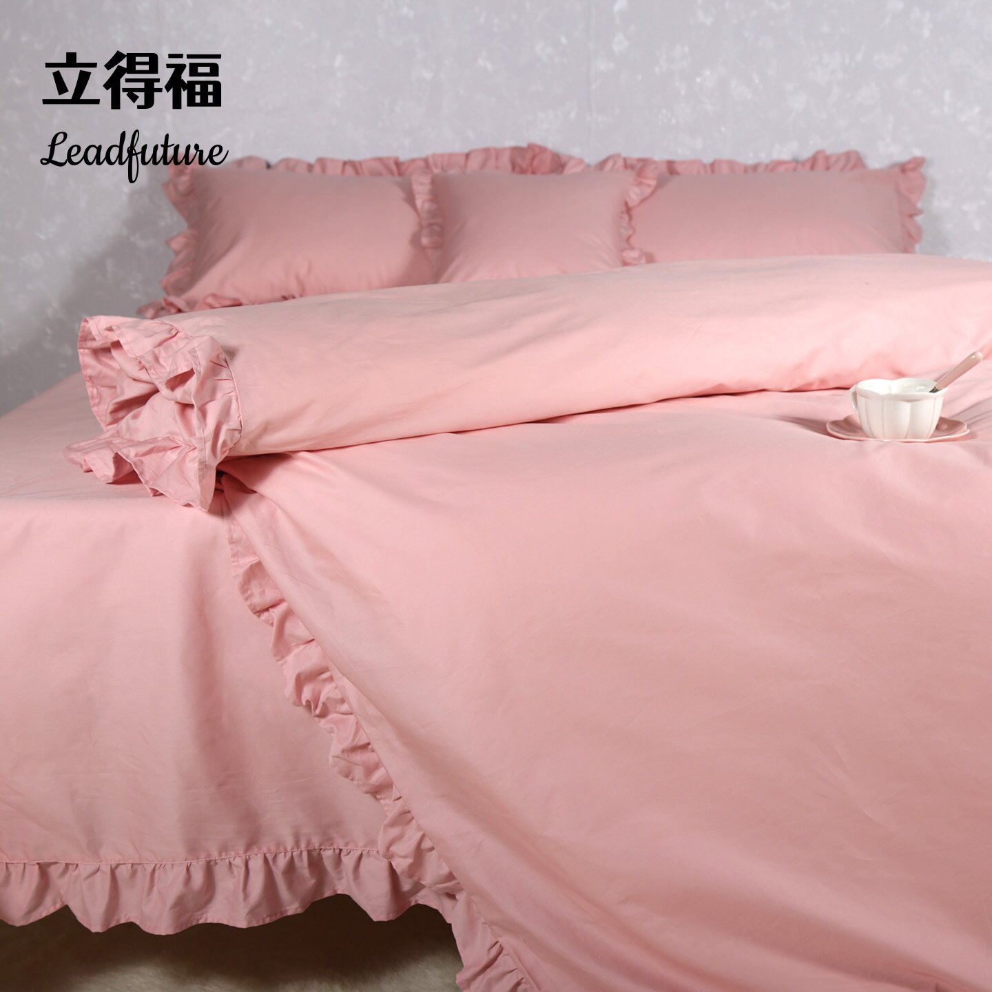 立得福纯棉花边四件套公主风全棉纯色荷叶边床单被套双人被罩套件