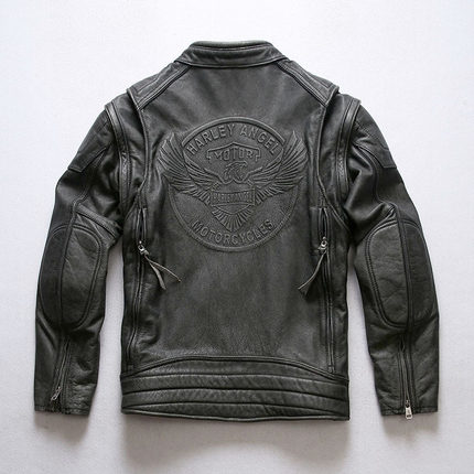 阿美咔叽Vintage黄牛皮可拆卸袖真皮皮衣男复古立领哈雷机车夹克