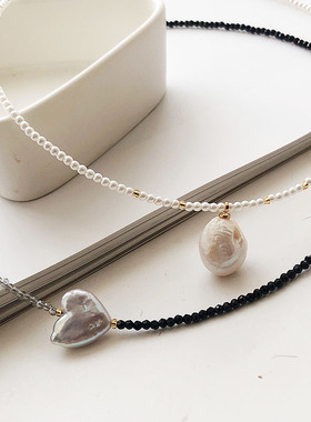 韩代女巴洛克爱心珍珠黑色水晶百搭气质温柔减龄项链锁骨链颈链