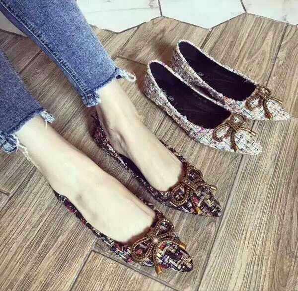 蝴蝶结水钻彩色编织尖头平底休闲鞋女鞋933