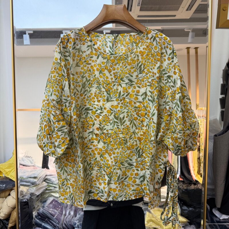 欧洲站2026年夏装新款流行女装小碎花上衣小衫配腰带宽松显瘦洋气