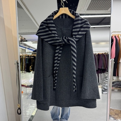 2025年秋冬新款山羊绒双面羊绒大衣外套送条纹披肩围脖保暖显瘦潮