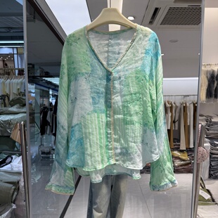 新中式女装花色苎麻面料上衣小衫2026年夏装新款V领百搭显瘦洋气