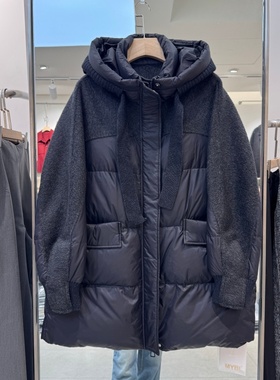 欧洲站2025年冬装新款流行女装羽绒服双面羊绒拼接连帽领保暖显瘦