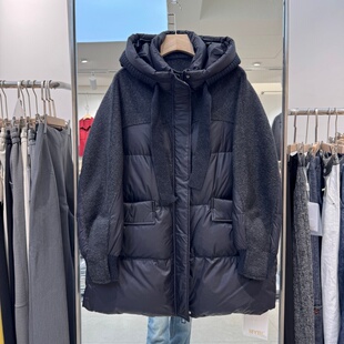 欧洲站2025年冬装新款流行女装羽绒服双面羊绒拼接连帽领保暖显瘦