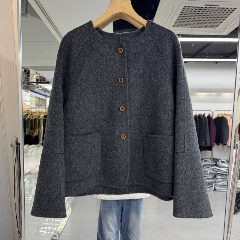 欧洲站2025年秋冬新款流行女装短款苏力双面羊绒大衣外套圆领宽松