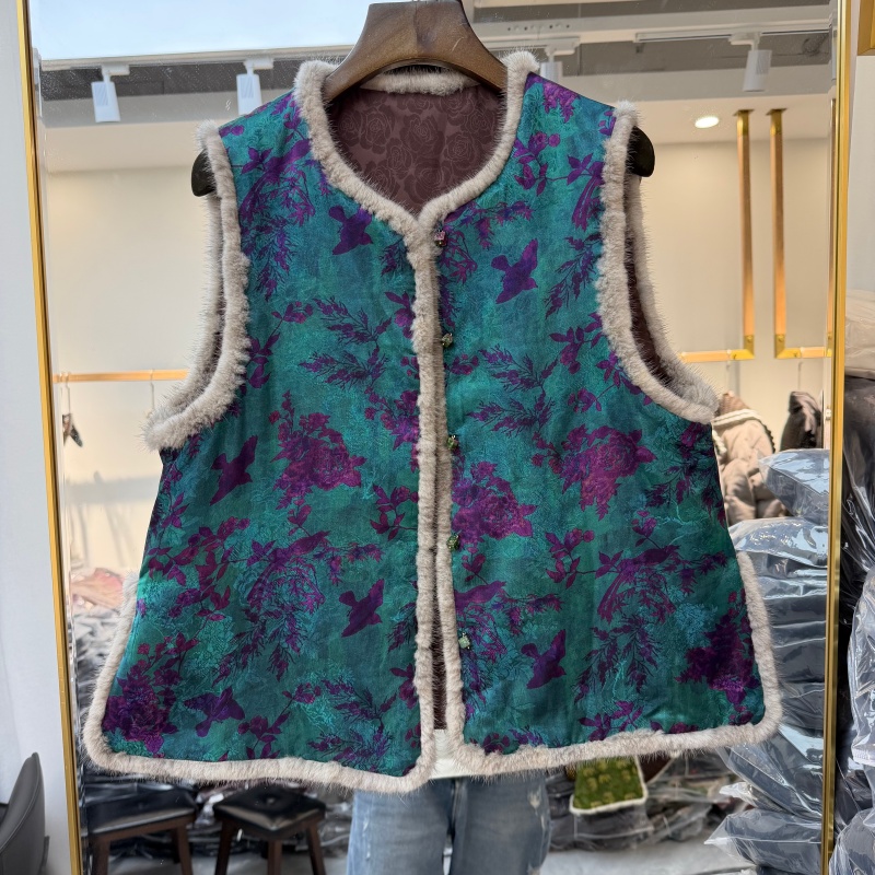 新中式女装夹棉马夹背心2025年秋冬新款水貂毛拼接洋气显气质马甲