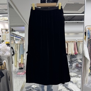 欧洲站2025年夏装新款流行女装真丝丝绒半身裙两侧盘扣开叉松紧腰