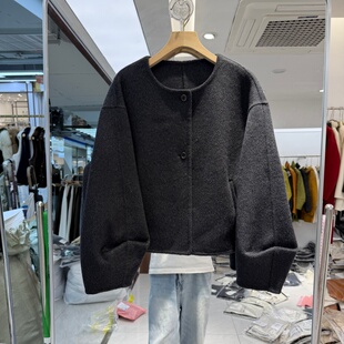 欧洲站2026年秋冬新款流行女装手工双面羊绒大衣短款灯笼袖宽松版