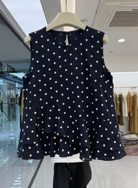 2026年夏装新款流行女装波点马夹背心亚麻面料后背蝴蝶结荷叶下摆