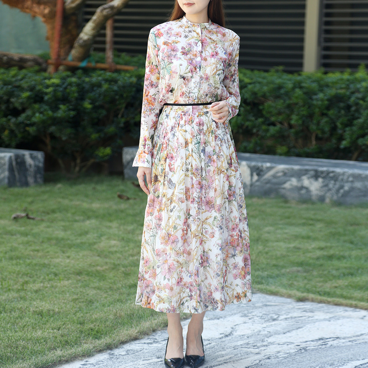 棉春季印花套装衬衫长袖半裙时尚