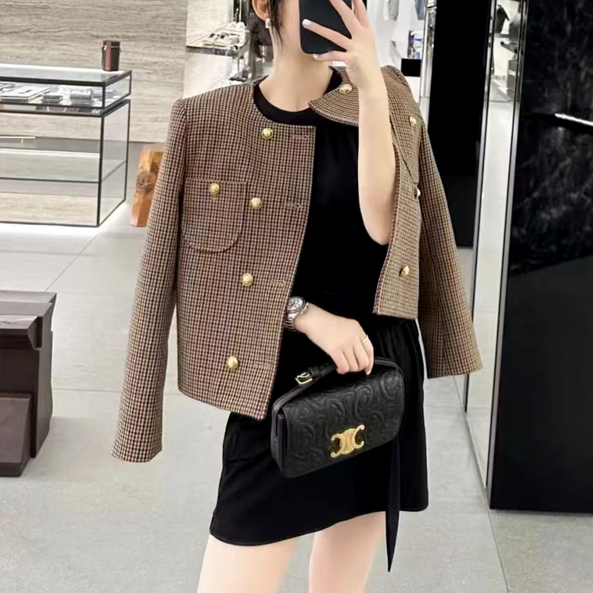 甜美常规羊毛轻奢外套双排扣格子