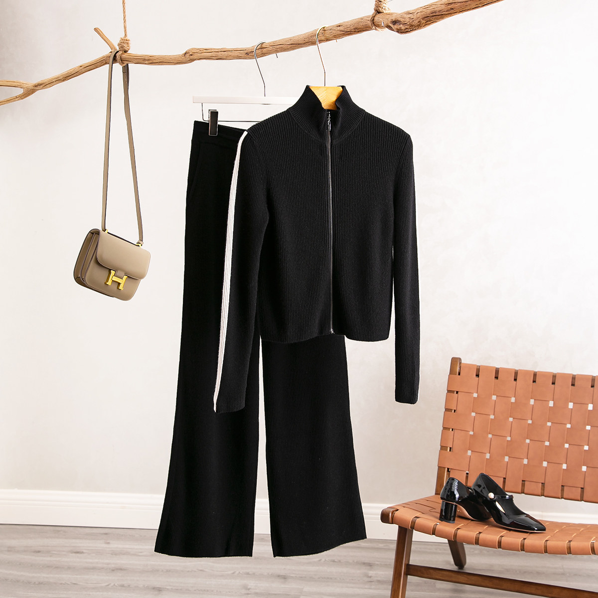 针织开衫休闲上衣+高腰裤套装