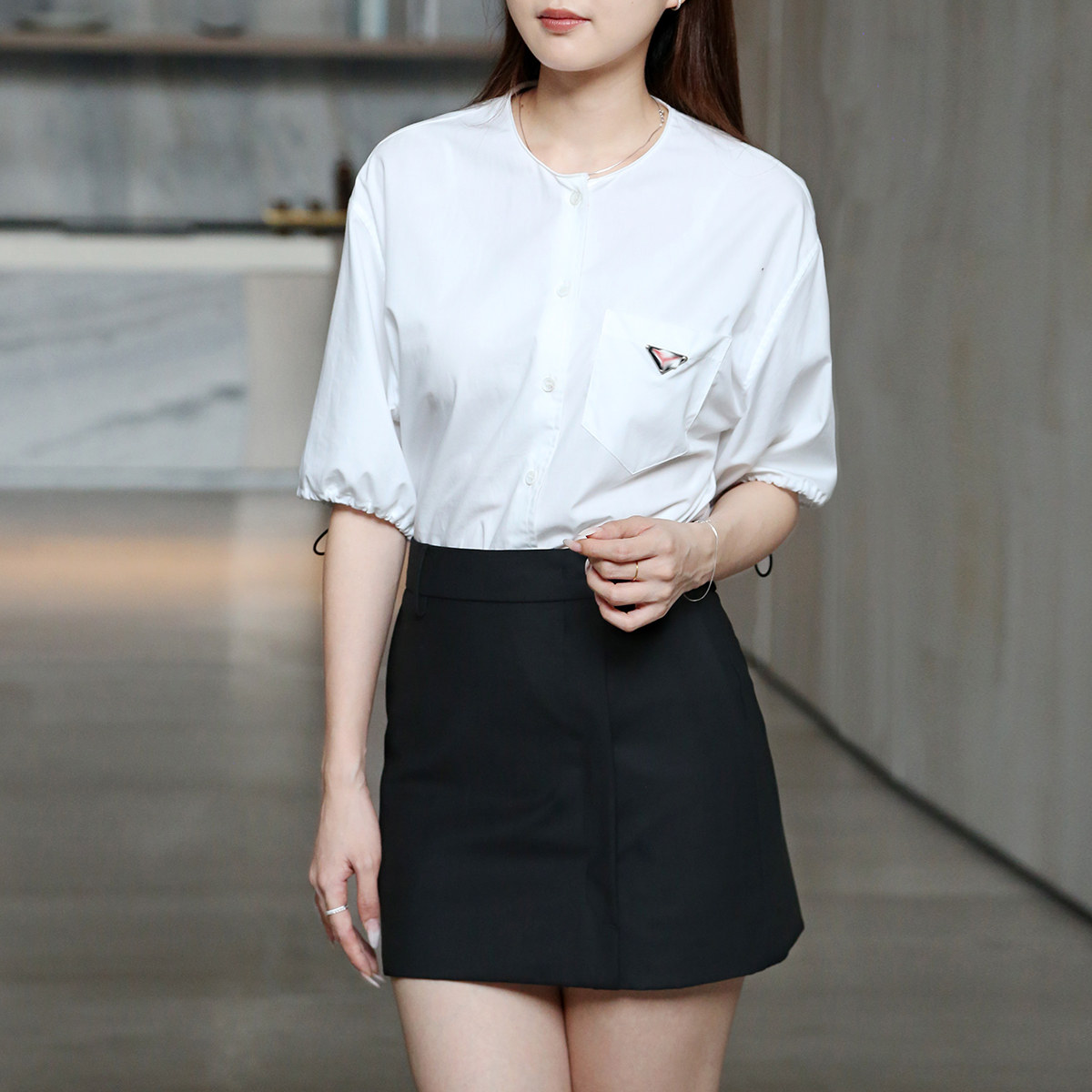 直筒百搭单排扣五分袖棉徽章衬衣