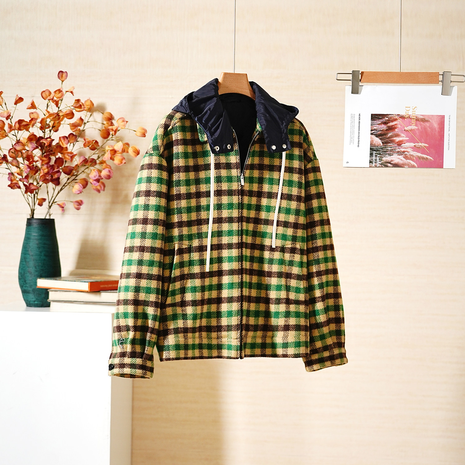 可拆卸连帽时尚假两件撞色格纹
