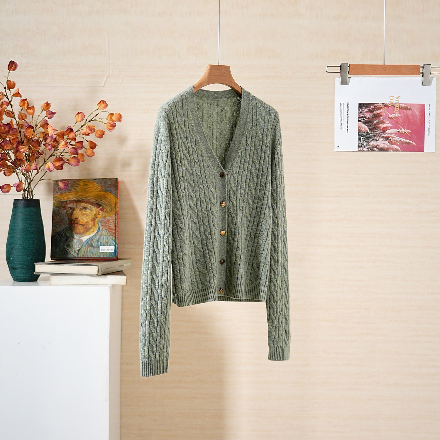 花纱V领复古麻花针织开衫