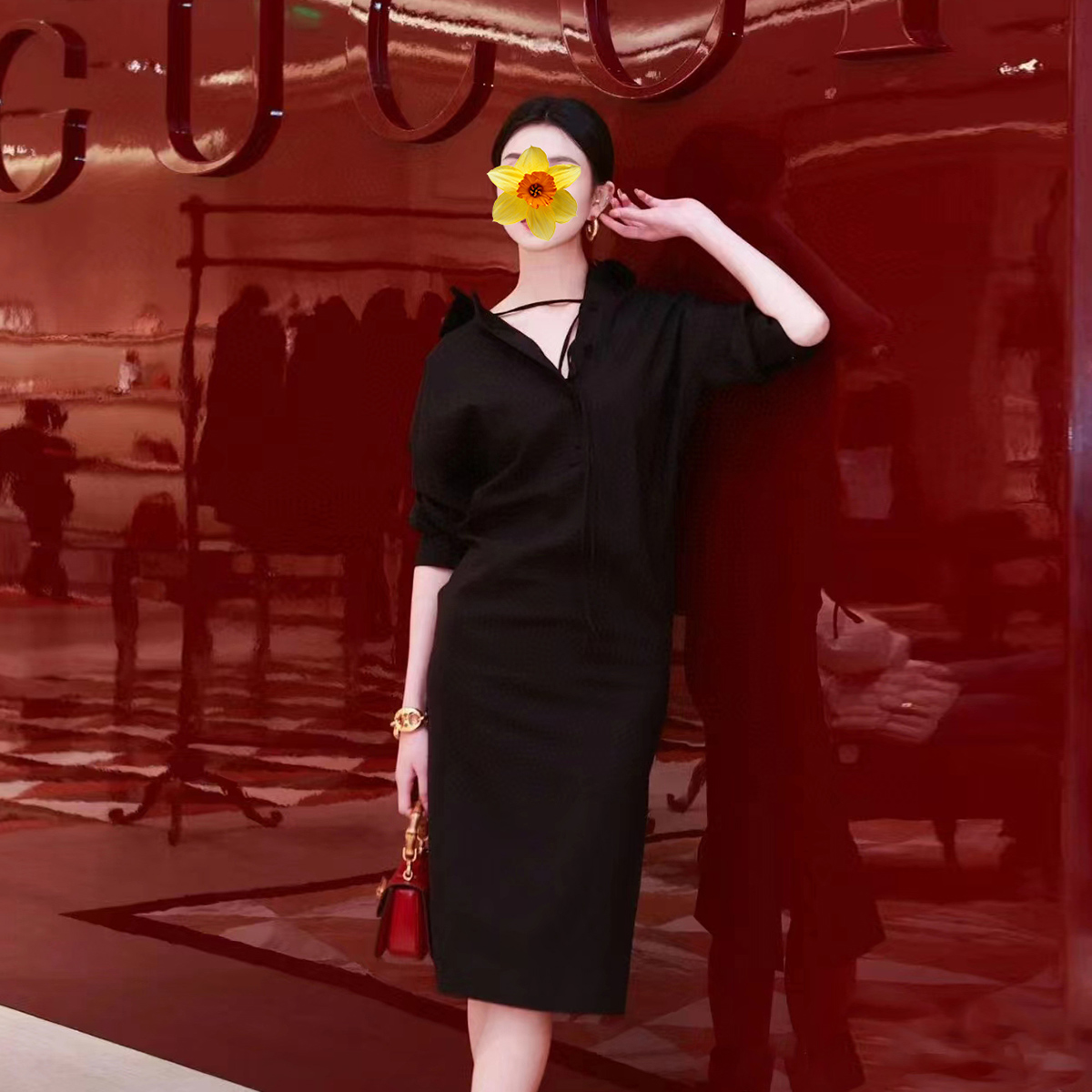 轻奢A型棉纯色绑带长袖连衣裙