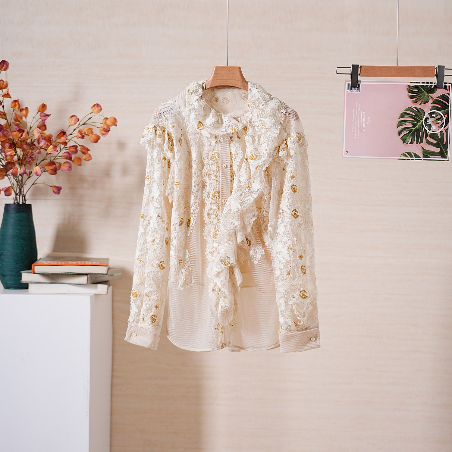 秋冬可拆刺绣双层网纱两件套衬衫