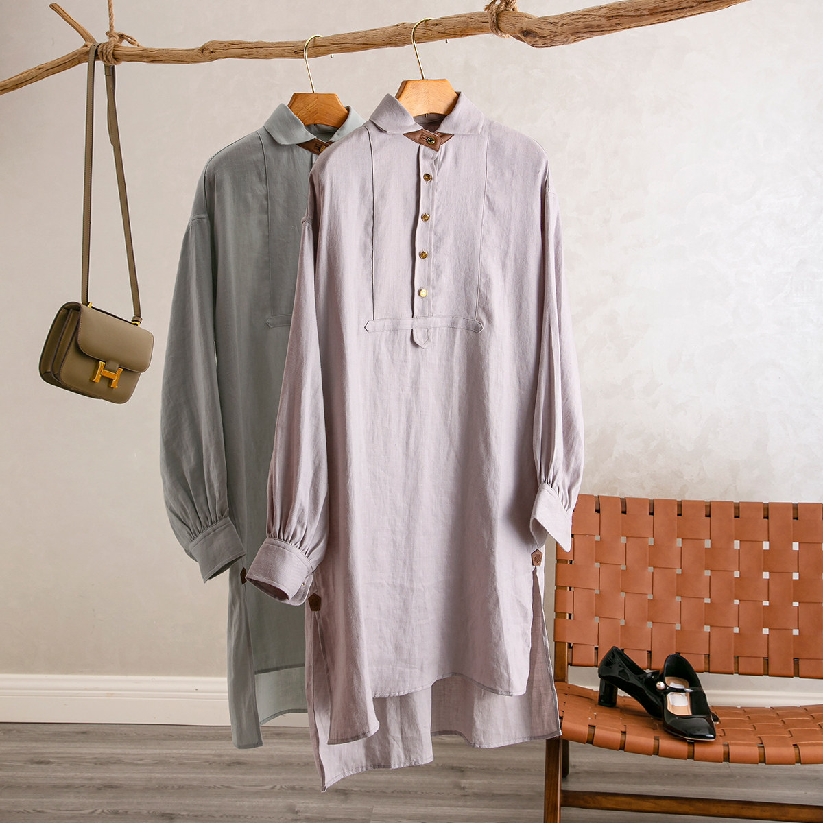 牛皮革装饰亚麻中长款衬衫连衣裙