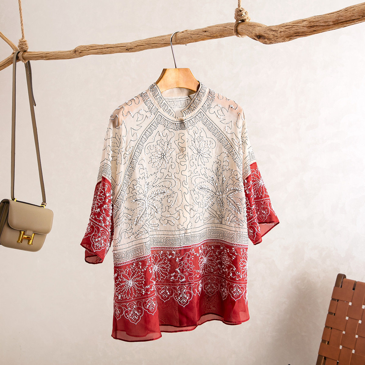 拼色欧根纱五分袖衬衫上衣