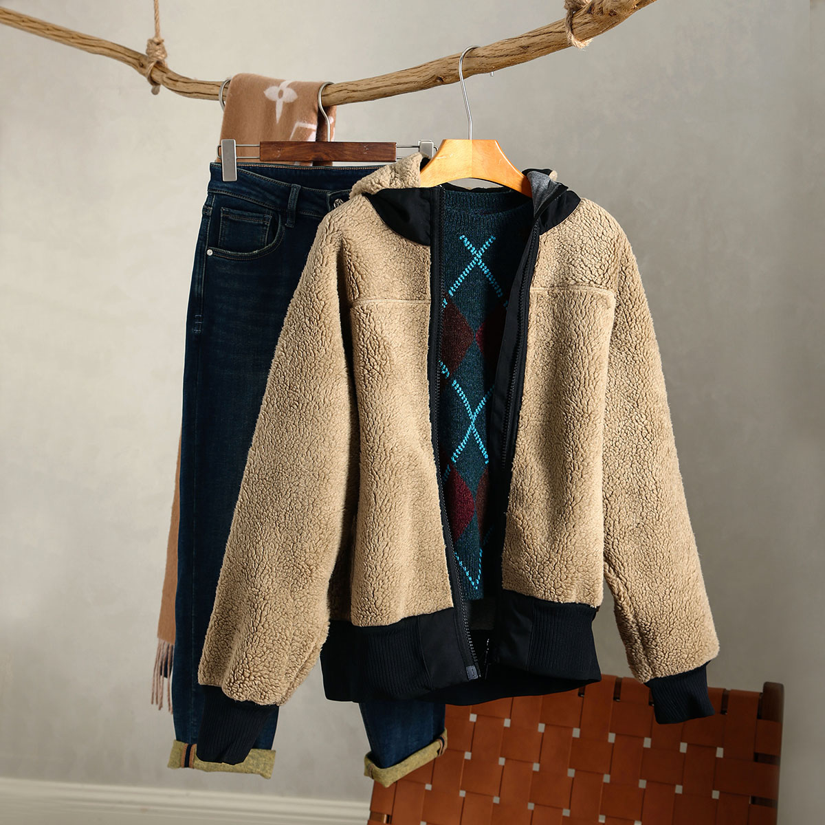 轻奢短款羊毛混纺拼接短外套保暖