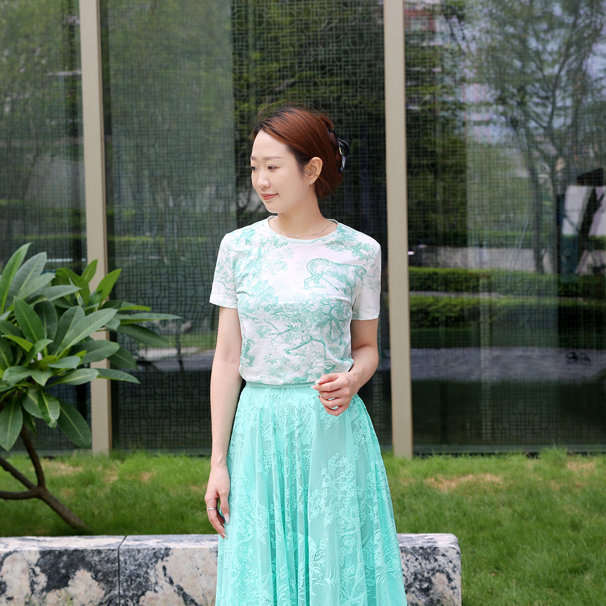 短袖轻奢适中印花亚麻棉女百搭