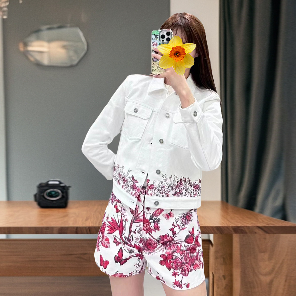 印花套装牛仔棉蝴蝶结春装直筒