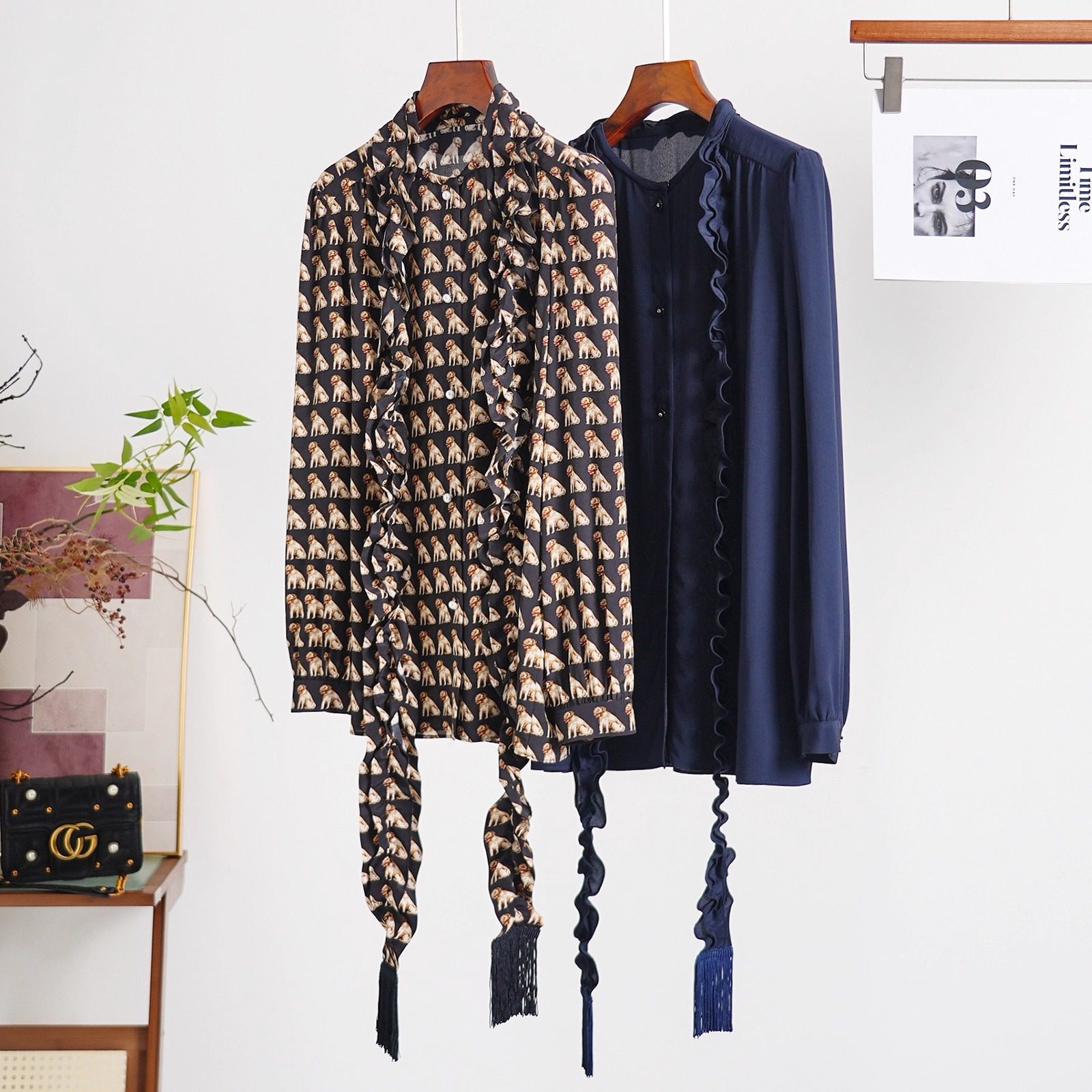 手工流苏飘带领蚕丝印花长袖衬衫