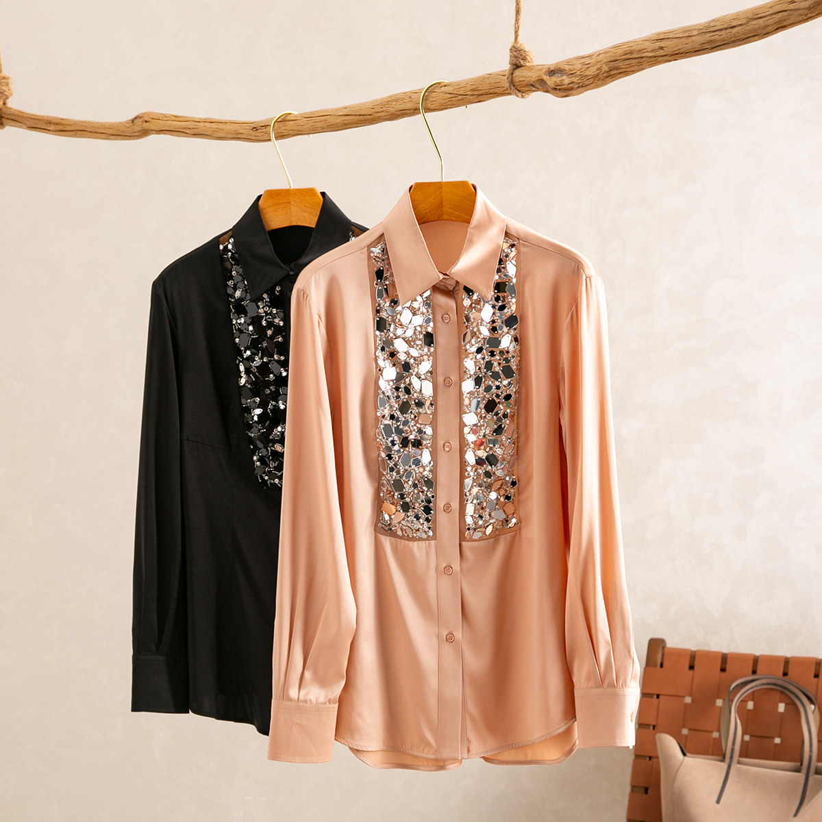 直筒轻奢纽扣长袖桑蚕丝亮片衬衫