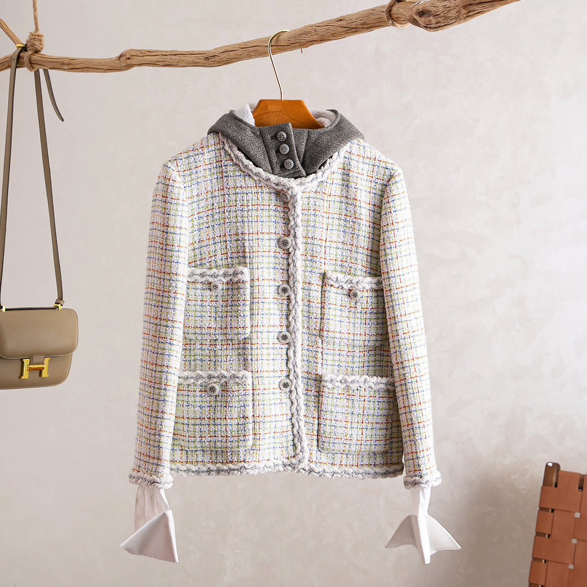 小香连帽格纹四口袋开衫外套