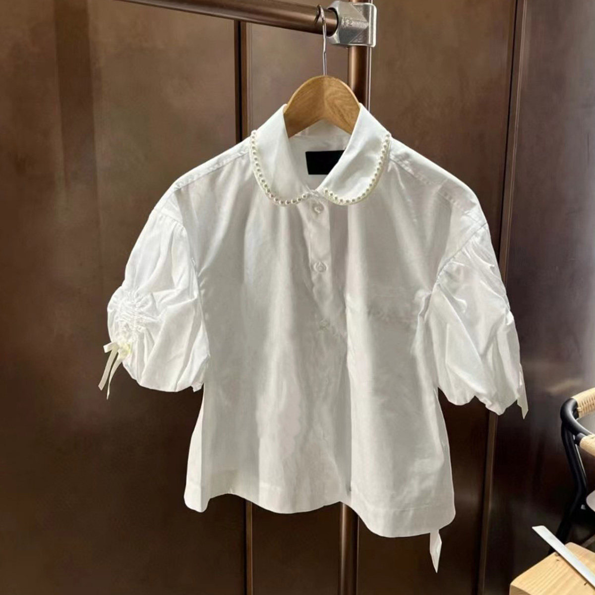 轻奢单排扣短袖抽褶袖衬衣