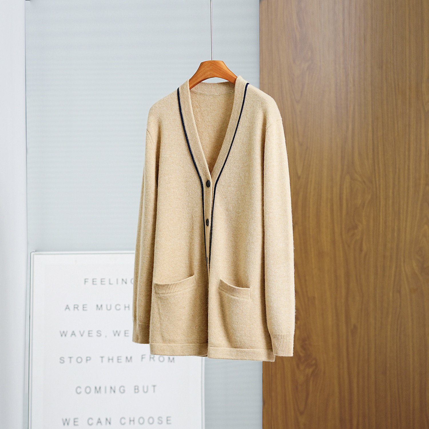 撞色V领针织开衫大外套女