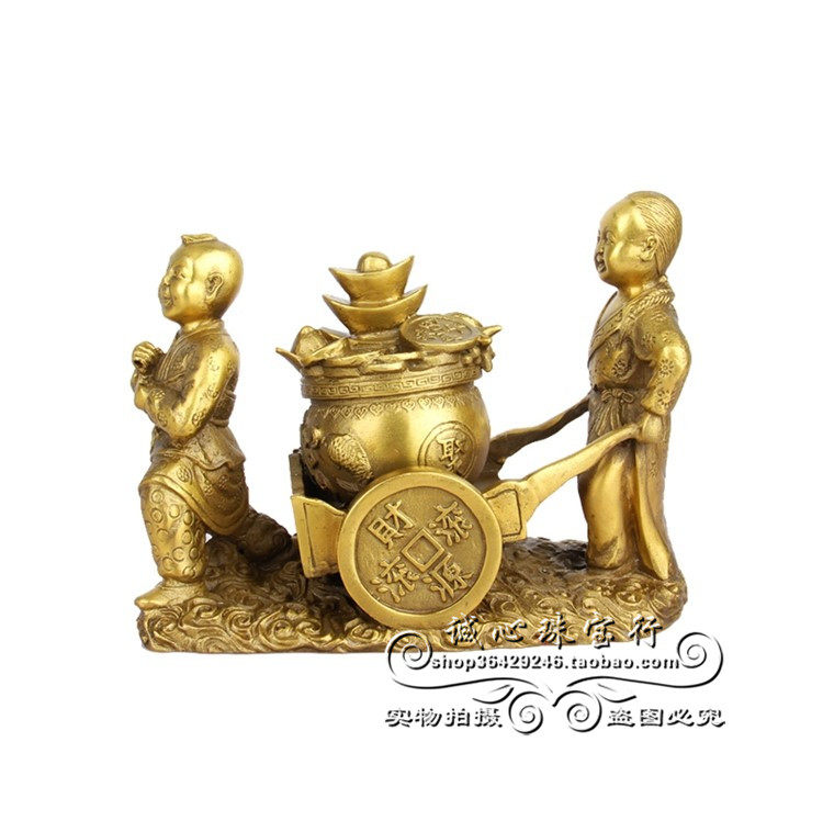 纯铜运财童子推车 挑财送财摆件 招财招贵人家居装饰开业礼品