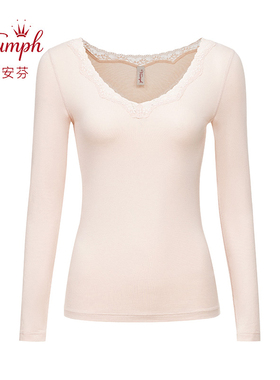 黛安芬专柜正品新款恒温棉柔简约长袖V领秋衣红色保暖内衣H000144