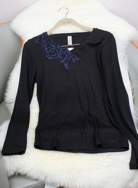 清仓黛安芬简约V领绣花长袖保暖上衣女黑色花卉青年暖绒H000093