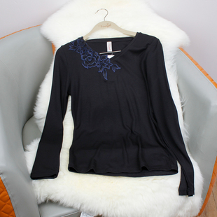 清仓黛安芬简约V领绣花长袖保暖上衣女黑色花卉青年暖绒H000093