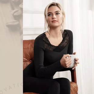 清仓黛安芬正品咖啡碳蕾丝钻石领打底衫舒适保暖内衣上衣H000048