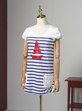 美式复古百搭海军风横条纹圆领女短袖T恤310专柜折扣W93166