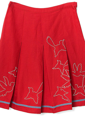 西C 柜570美式复古和平鸽刺绣亚麻百褶半身裙色彩十八863214