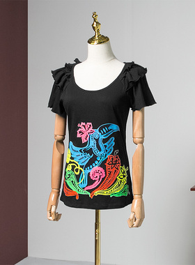 柜390美式复古杰旗下威莎缤纷印花荷叶袖短袖T恤W13461