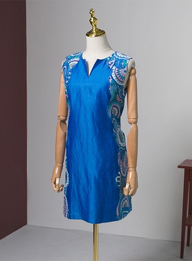 杰西卡夏季高端民族风印花亚麻V领无袖女连衣裙裙子Jessica263170