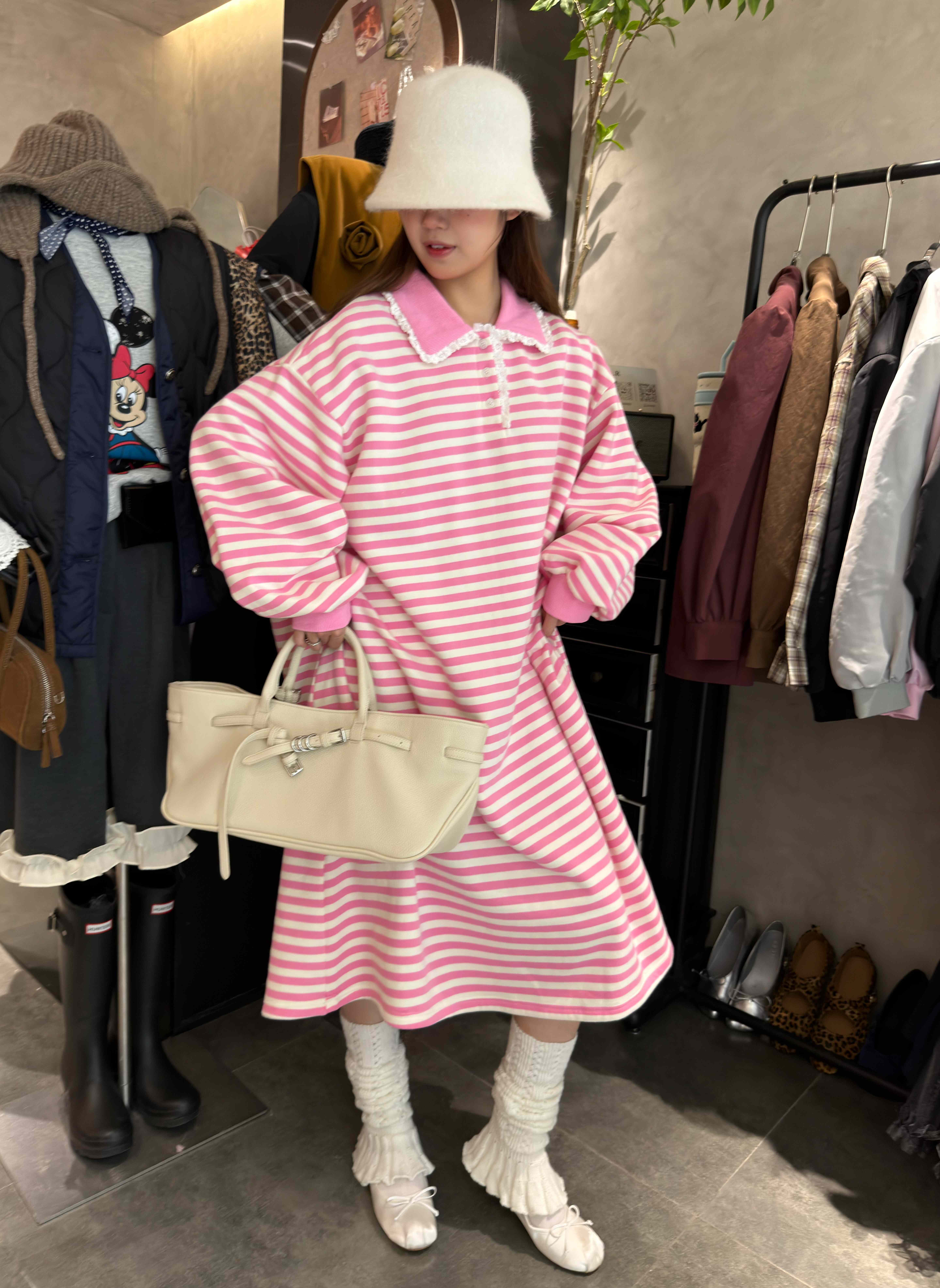 韩国东大门2025时尚百搭显瘦条纹加绒娃娃领长袖卫衣加绒连衣裙