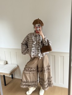 1802 韩国2025秋季 九分长裤 百搭显瘦木耳花边休闲阔腿裤 新款