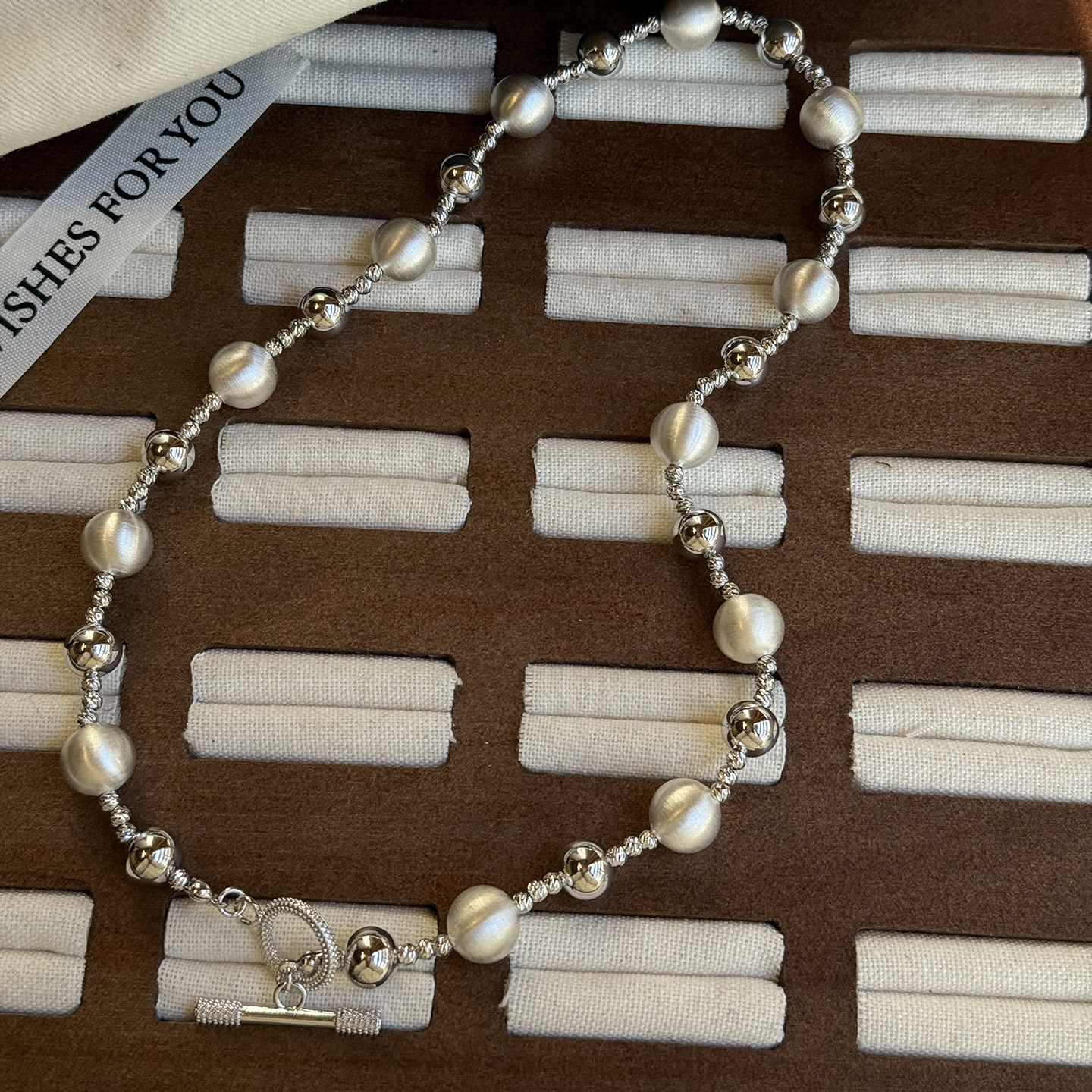 ins风欧美厚银拉丝串珠珍珠项链女高级感锁骨链复古银色金属链条