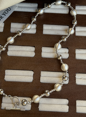 ins风欧美厚银拉丝串珠珍珠项链女高级感锁骨链复古银色金属链条