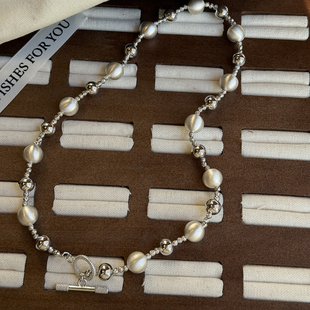 ins风欧美厚银拉丝串珠珍珠项链女高级感锁骨链复古银色金属链条