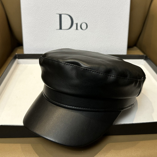 韩版 气质简约画家帽黑色八角帽 英伦PU皮报童帽纯色百搭鸭舌帽时尚